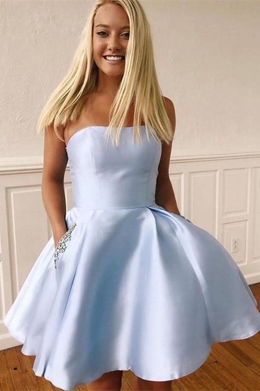 Strapless Short Light Blue Homecoming Dress with Beaded Pockets C61