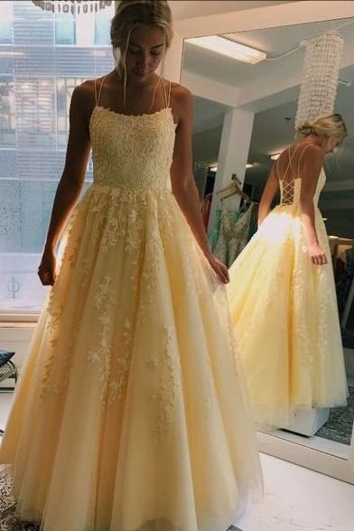 elegant yellow lace appliques prom dress long formal dress C981