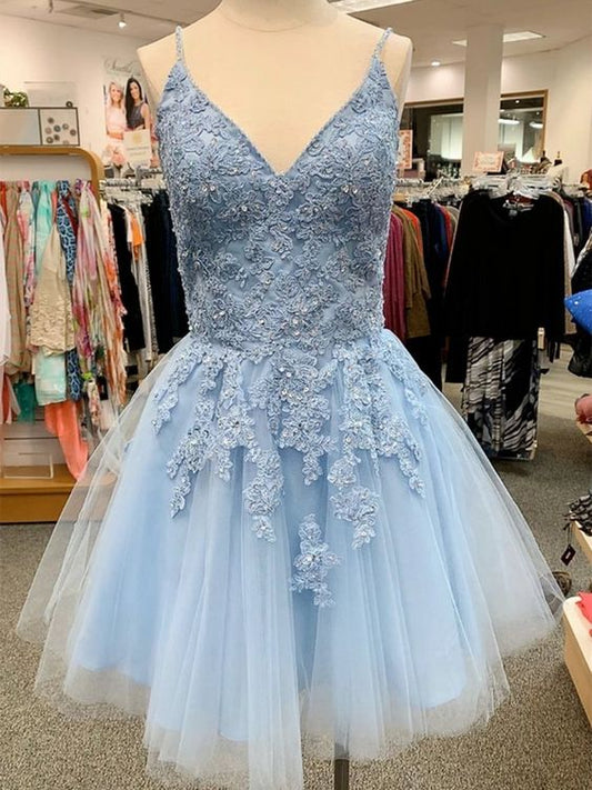 A Line V Neck Blue Lace Appliques Short Homecoming Dresses C603