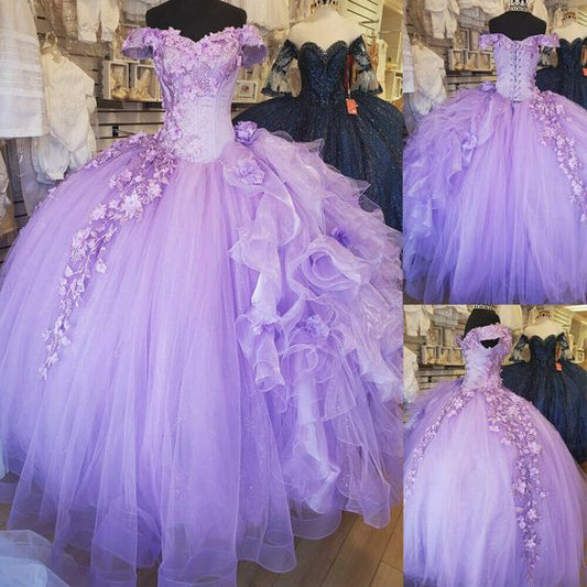 Off-The-Shoulder Lavender Tulle Quinceanera Dresses Flowers Ball Gown Sweet 15  C1601