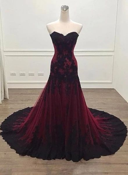 Black and Red Sweetheart Tulle with Lace Glam Evening Gown Party Dress, Long Formal Dress C1201
