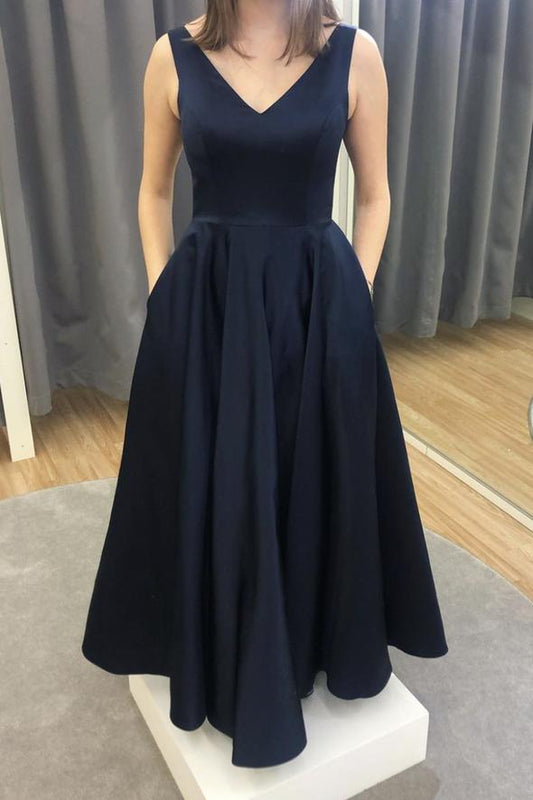 Blue v neck satin long A line prom dress evening dress C1329