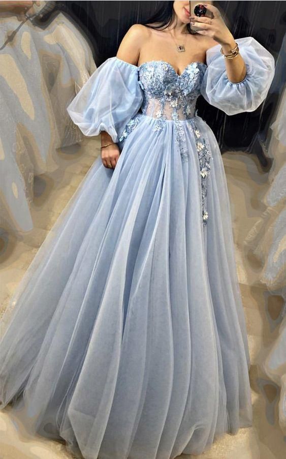 Elegant Light Blue Prom Dresses Sweetheart Corset Ball Gown Tulle Appliques Removable Sleeves C54