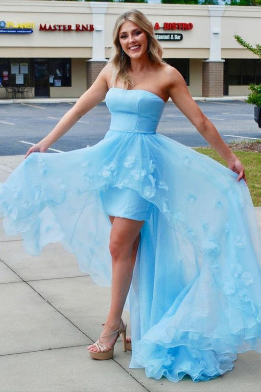 princess strapless blue long prom dress with flowers hi-low long formal dress C967
