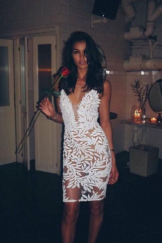 White Mini Lace Homecoming Dresses, Sexy Sheath Mini Dress C656