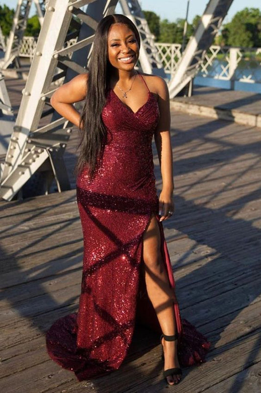 Burgundy Glitter Sequins Spaghetti Prom Dress Split front Formal Party Dress Graduation C455