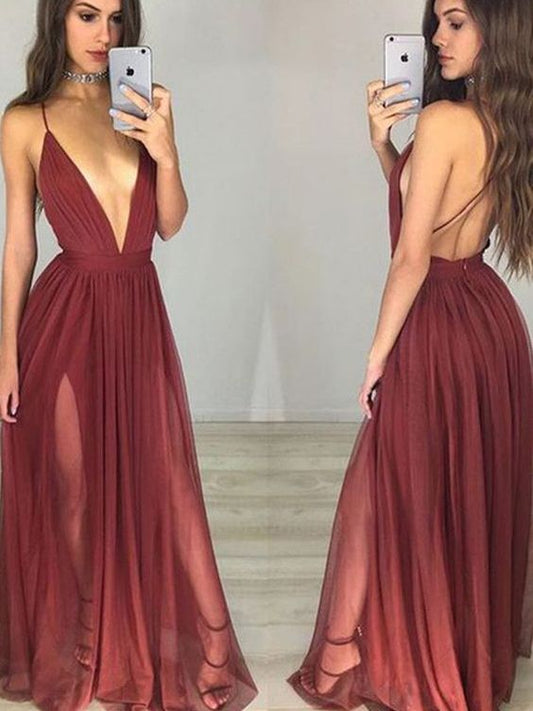 Princess Sleeveless Spaghetti Straps Chiffon Floor-Length Prom Dresses C227