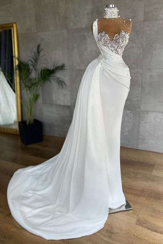 Luxury White Satin One Shoulder Beading Appliques Mermaid Prom Dresses  C829
