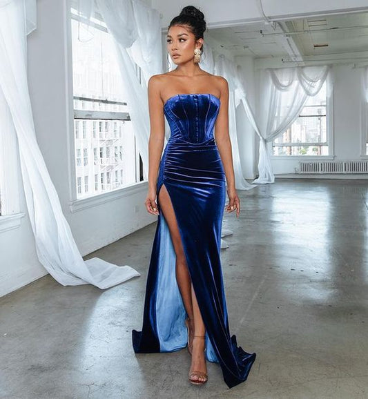 Mermaid Strapless Navy Blue Long Prom Dress with Split Front C461