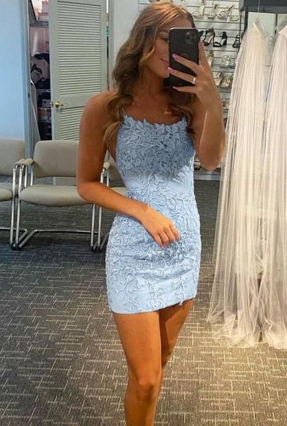 Sky Blue Lace Homecoming Dresses,Short Prom Dresses C1245