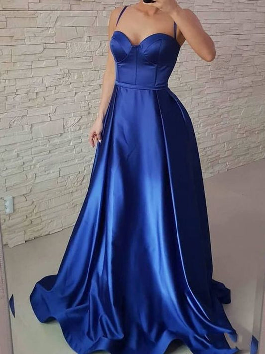 A Line Satin Royal Blue Halter Sweetheart Long 2021 Prom Dresses C1267