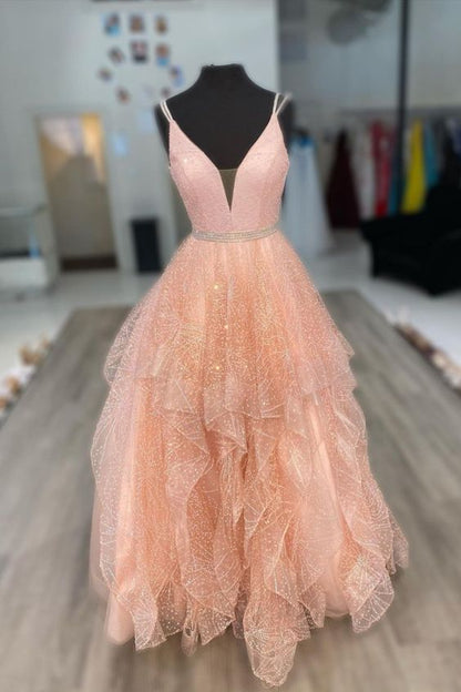 Gorgeous Illusion V-Neck Peach Prom Dress C976