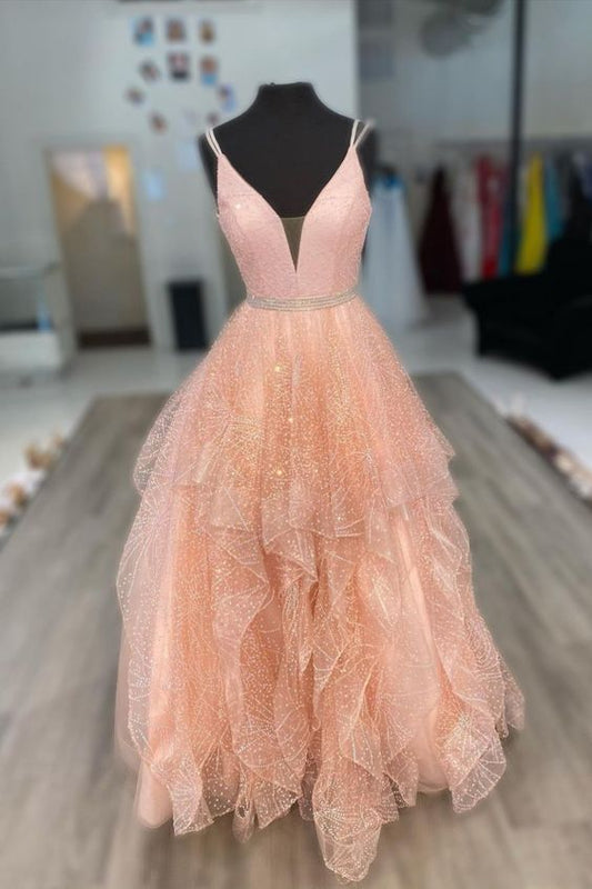 Gorgeous Illusion V-Neck Peach Prom Dress C976