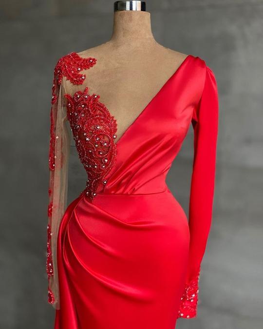 Asymmetrical Mermaid Long Sleeves Ruffles Prom Dresses with Slit C536