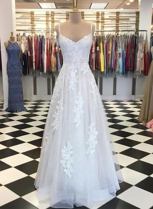 White Lace Tulle Long Summer Prom Dress, Evening Dress C319