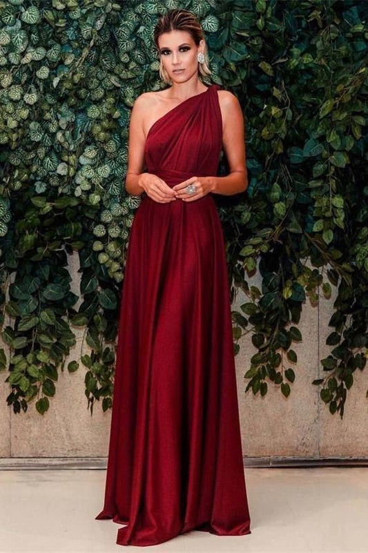 Sexy Burgundy One Shouder A Line Evening Dress, Vintage Formal Long Prom Dress C260