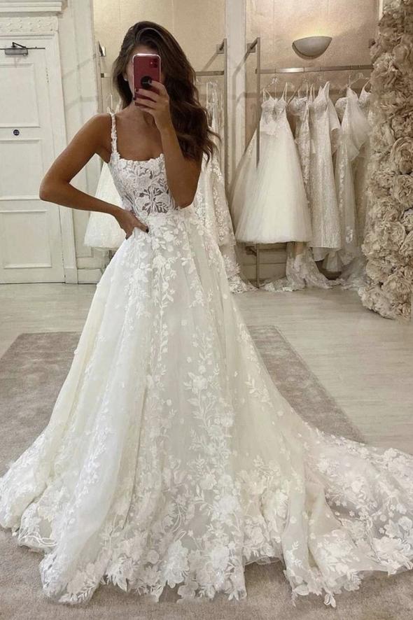 White lace long A line prom dress white formal dress C1286