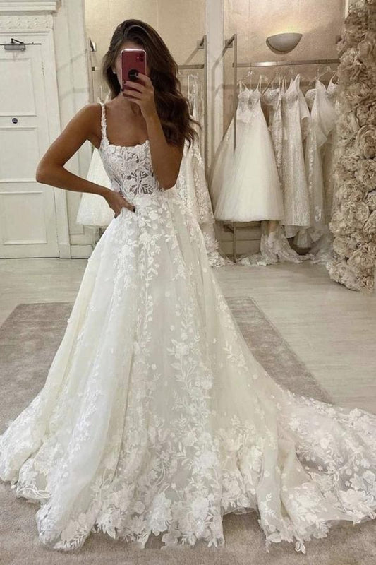 White lace long A line prom dress white formal dress C1286