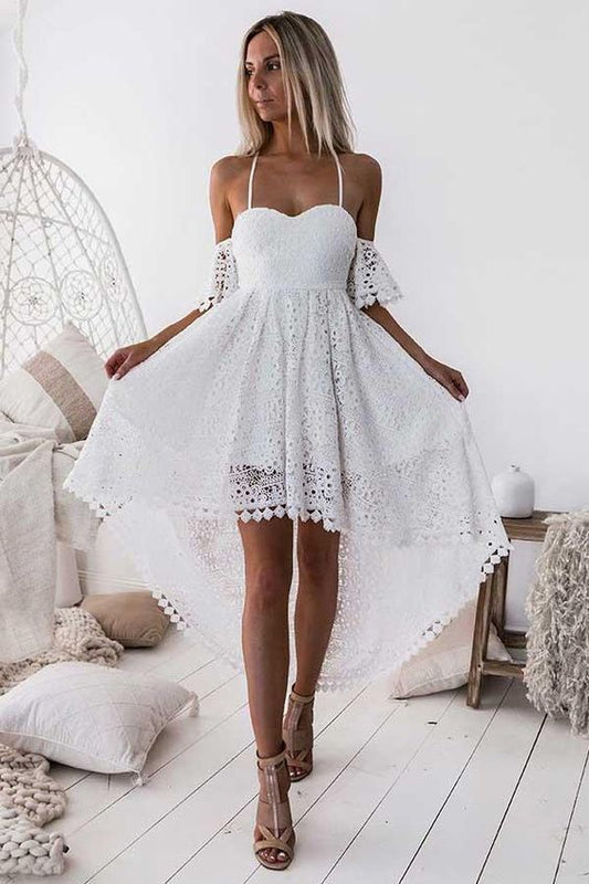 Spaghetti Straps Off The Shoulder Elegant Lace High Low Homecoming Dresses C418