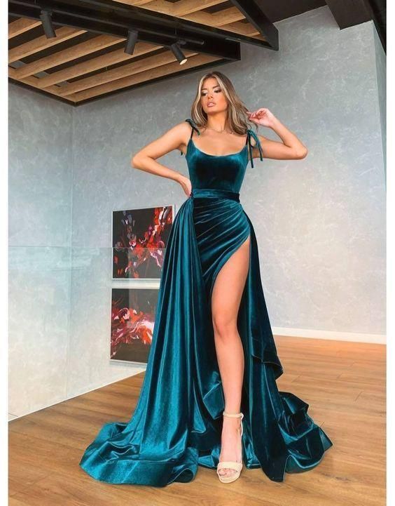 Chic A-Line Scoop Neck Hunter Green Velvet Long Prom Evening Dresses with High Split C1220