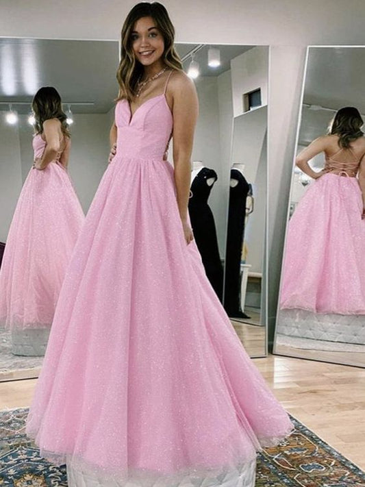 A Line V Neck Pink Backless Prom Dresses, Open Back Pink Long Formal Evening Dresses C1113