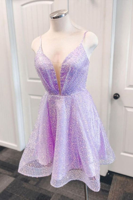 sparkle lavender short party dress homecoming dress C799