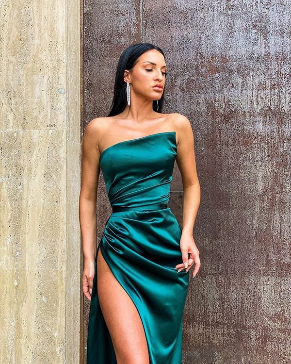Sexy Mermaid Strapless Dark Green Satin Prom Dresses, Split Party Dresses C1506