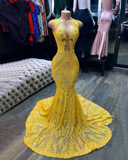 Yellow prom dresses, sheer prom dress, lace evening dress, vintage prom dresses, custom make prom dress C1465