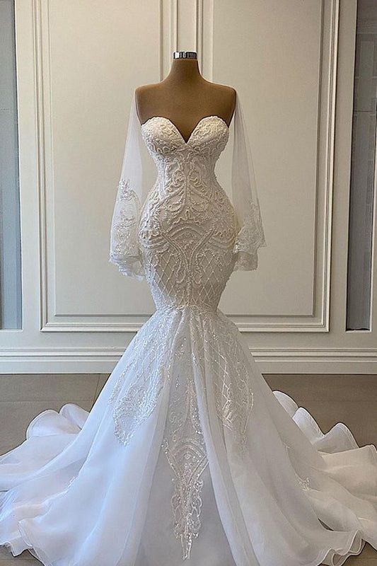 Sexy White Lace Mermaid Wedding Dresses Sweetheart ,Chic Prom Dress C1384