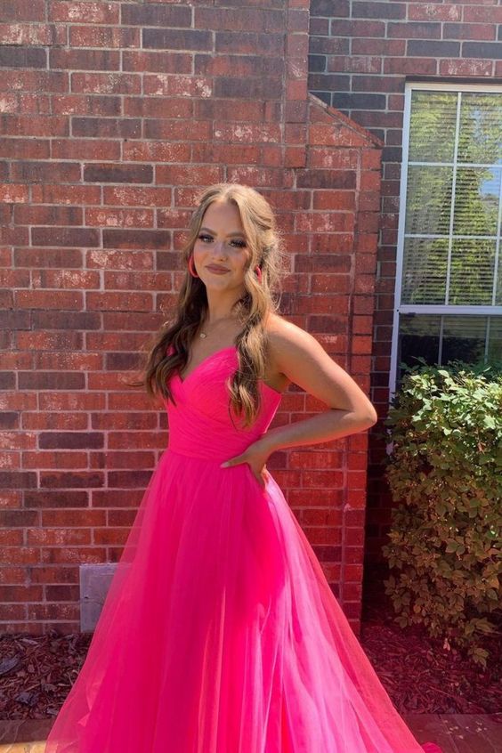 straps hot pink tulel prom dresss cheap long prom dress C1020
