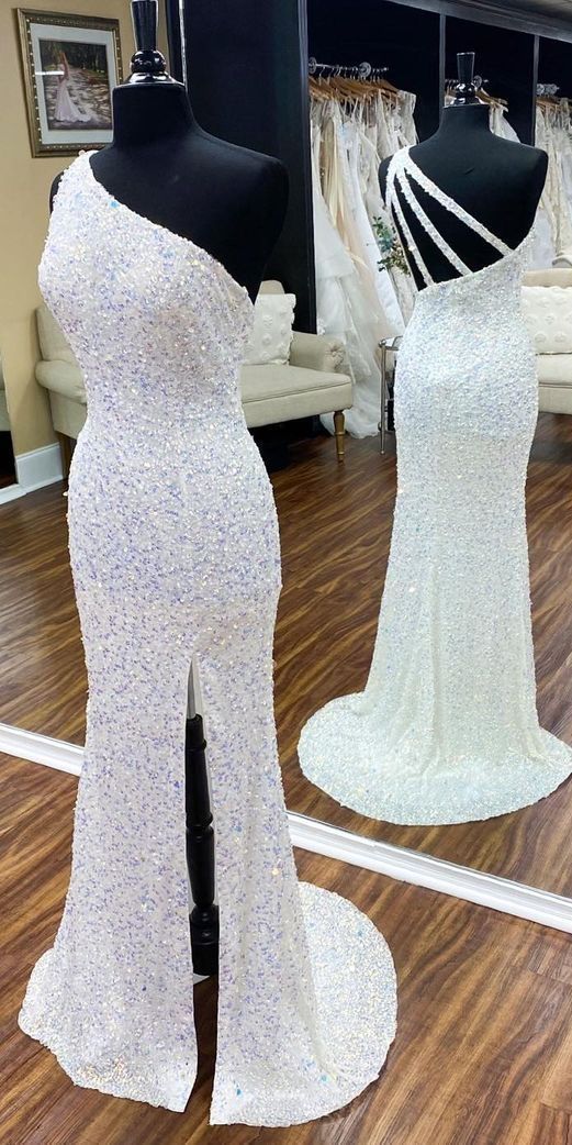 mermaid white sequins long prom dress with side slit and one shoulder C811