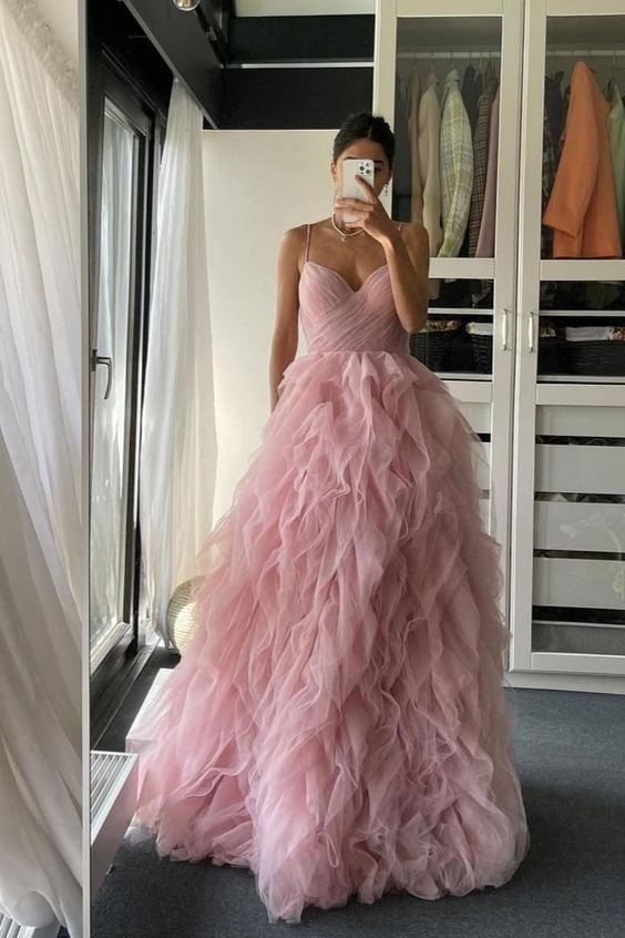 Straps Blush Pink Prom Dress with Cacasding Ruffles C964