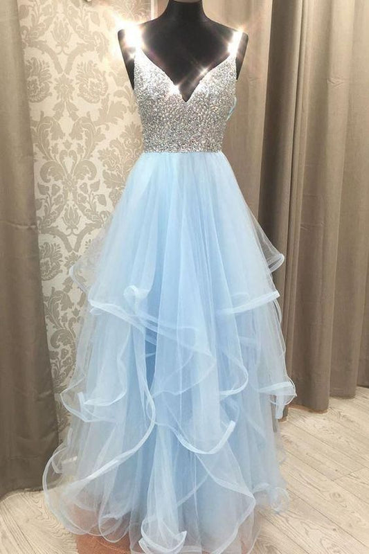 Gorgeous V Neck Light Blue Beaded Long Prom Dress C400