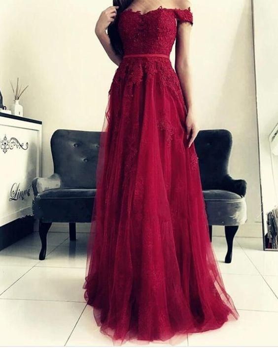 New Burgundy Lace and Tulle Long Graduation Prom Dress for Girls C1570
