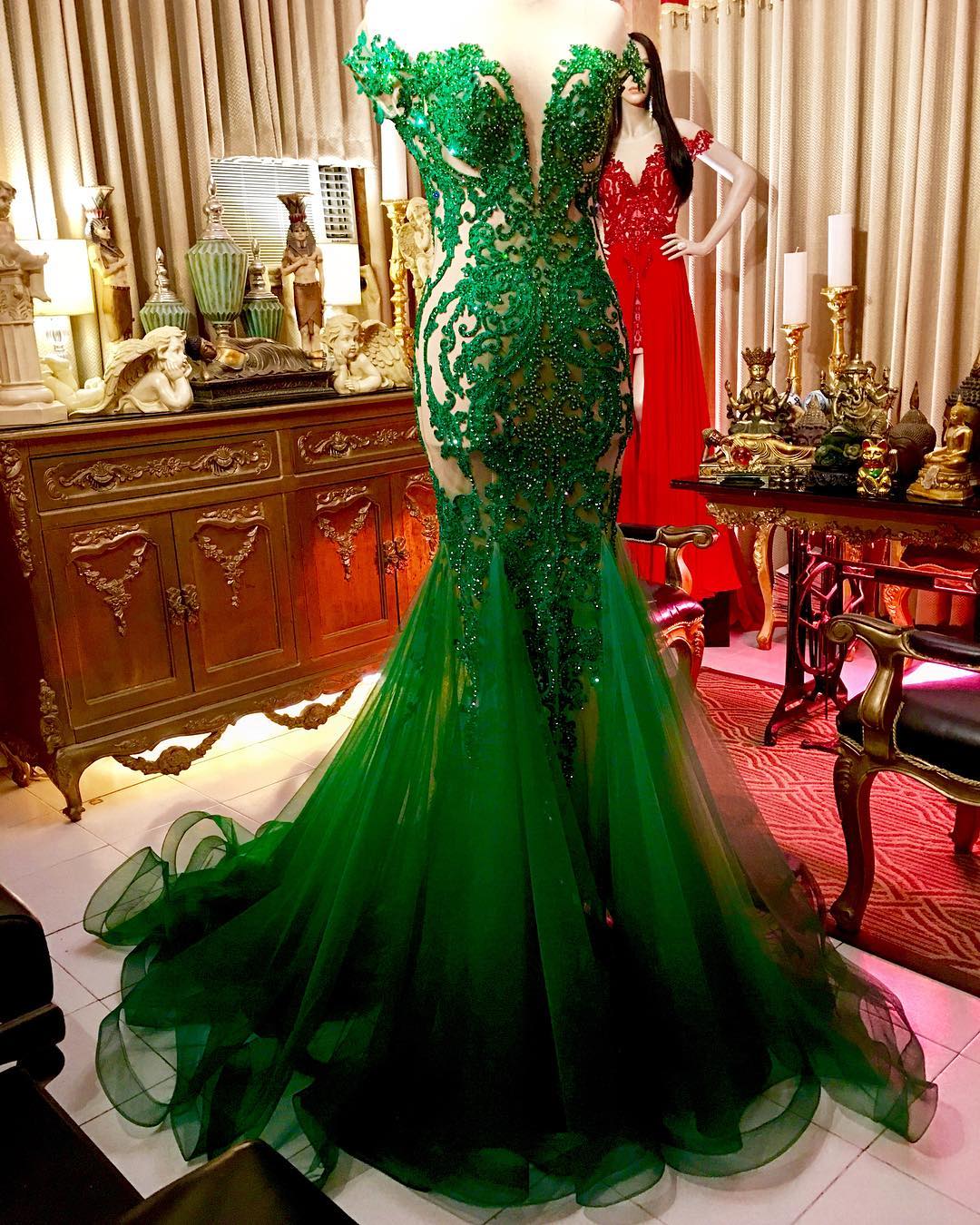 Illusion Back Green Mermaid Prom Dress with Beading   C1471