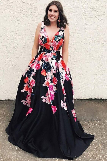 A Line Black V Neck Appliques Prom Dresses, Long Cheap Prom Gown C1623