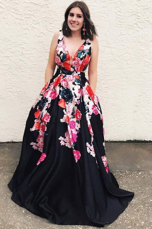A Line Black V Neck Appliques Prom Dresses, Long Cheap Prom Gown C1623