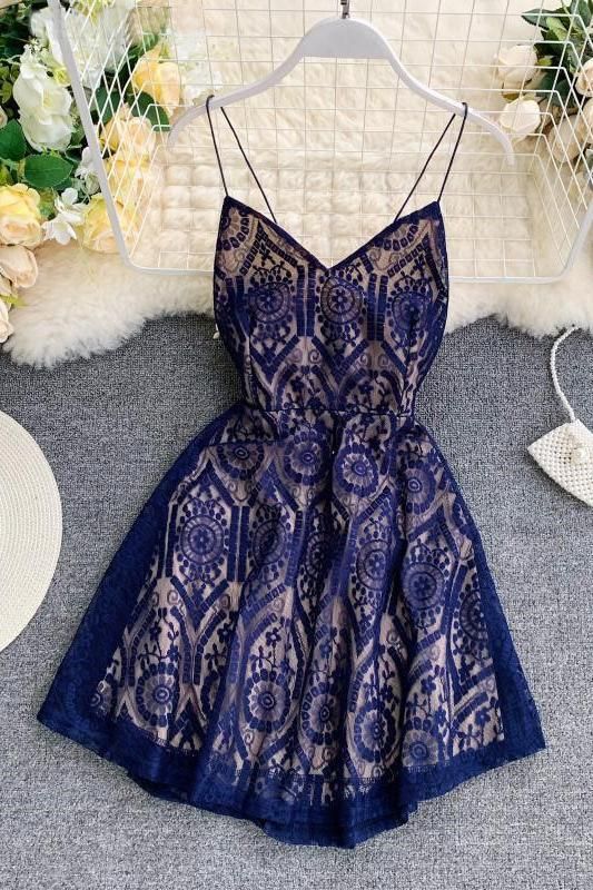 A Line Spaghetti Straps Lace V Neck Navy Blue Homecoming Dresses, Sweet 16 Dresses C882