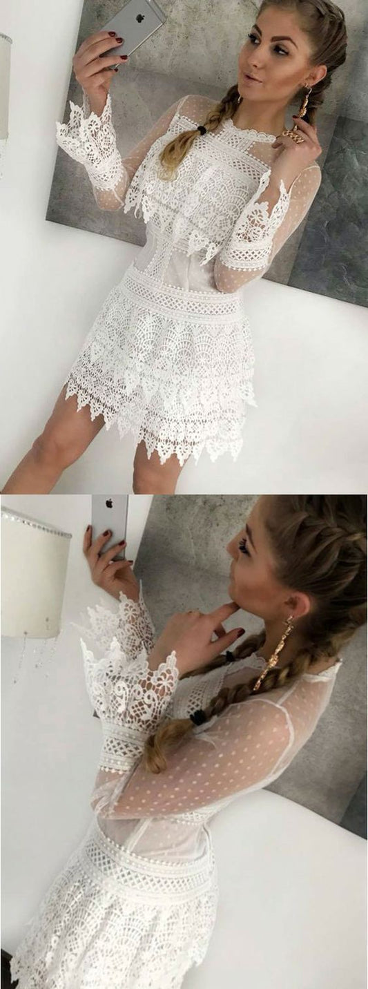 Sheath Crew Long Sleeves Short White Lace Homecoming Dress C621