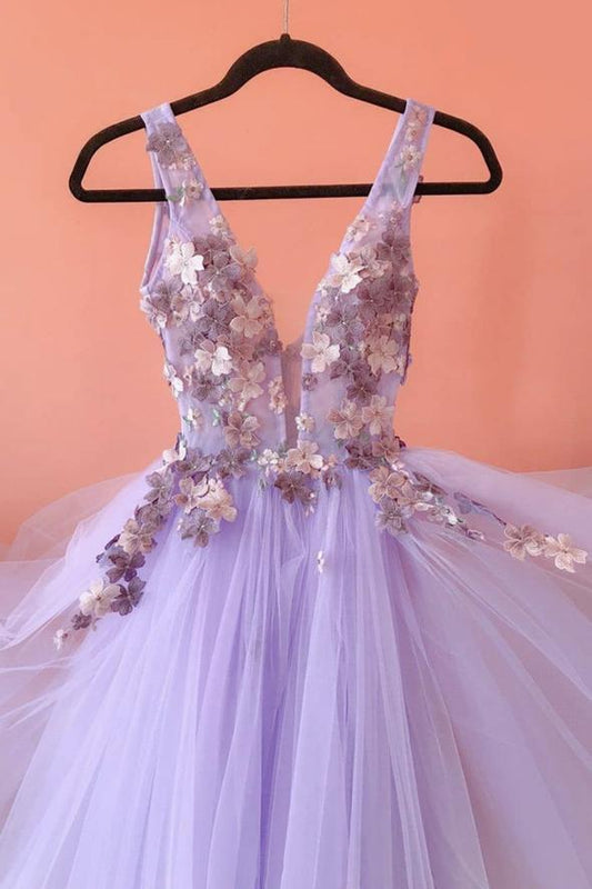 Purple tulle lace long ball gown dress evening dress C1289