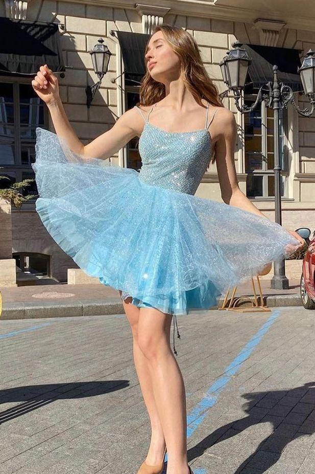 Blue A-line Beaded Spaghetti Straps Short Homecoming Dress  C791