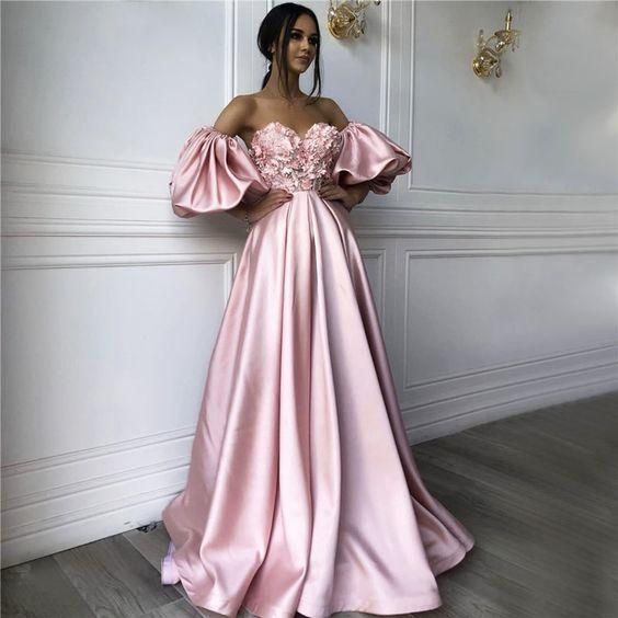 Pink Puff Short Sleeve Sexy Prom Dresses, Off Shoulder Handmade Flowers Beading long Formal dress  C1447