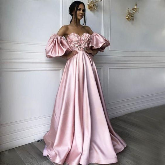 Pink Puff Short Sleeve Sexy Prom Dresses, Off Shoulder Handmade Flowers Beading long Formal dress  C1447