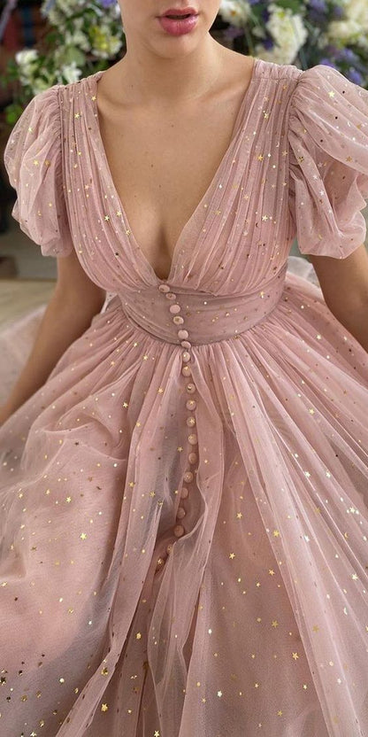 Custom Made Blush Pink Tulle Ankle Length Prom Evening Dresses C1173