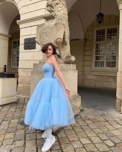 Cute A Line Strapless Blue Tea Length Long Prom Dress  C785