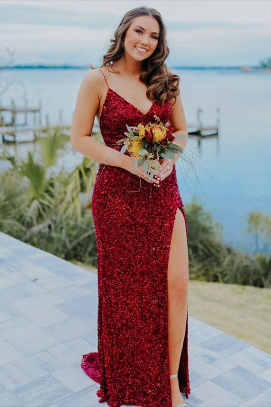 Red Sequins Prom Dress with Slit  C948