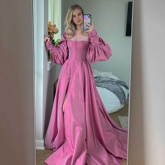 Booma Elegant Pink Prom Dresses Bishop Sleeves High Slit Taffeta Evening Dresses Sweetheart A-line Long Party Gowns with Buttons C1392