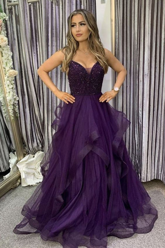 V Neck Purple Beaded Long Prom Dress, Fluffy Purple Formal Evening Dress with Beadings C447