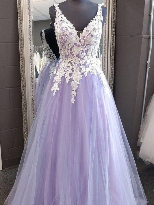 A Line V Neck Backless Lace Purple Long Prom Dresses, Purple Lace Formal Graduation Evening Dresses C388