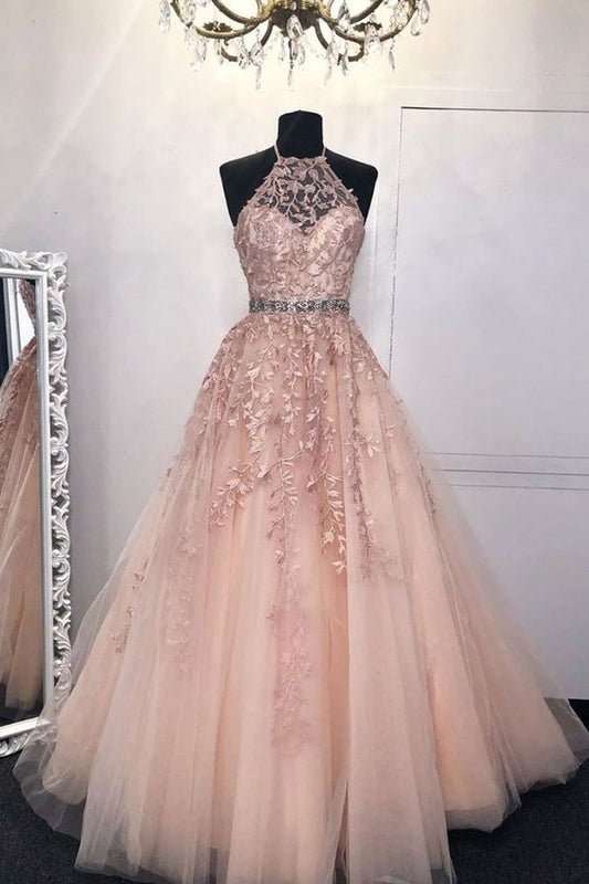 Halter Neck Pink Lace Long Prom Dress with Belt, Pink Lace Formal Dress, Pink Evening Dress C598